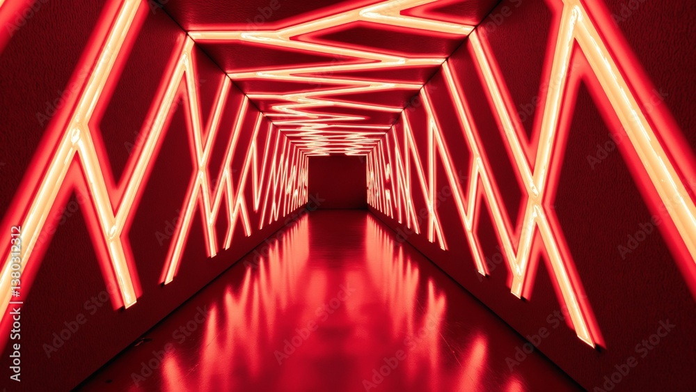 Poster Abstract red illuminated room with glowing neon light strips creating unique geometric patterns on dark textured walls for artistic design projects and backgrounds