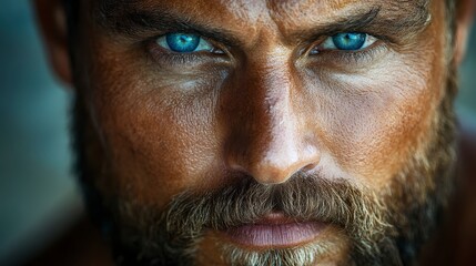Obraz premium Intense closeup of a bearded man with striking blue eyes looking forward