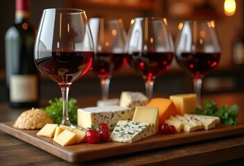 Naklejka premium elegant wine glasses accompanied assorted cheese varieties gourmet pairing table presentation, tasting, sommelier, dairy, snack, appetizer, platter, brie
