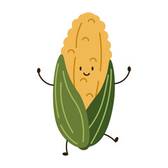Flat style illustration of a corn with happy face, ideal for healthy eating, cooking projects, and vegetable-inspired designs.