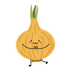 Flat style illustration of an onion with happy face, ideal for healthy eating, cooking projects, and vegetable-inspired designs.