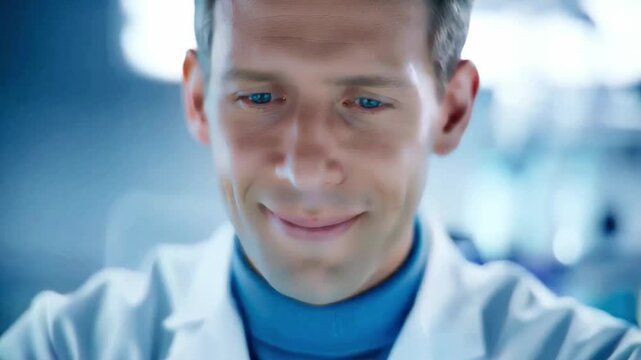 Smiling quantum computing researcher in advanced quantum lab working on futuristic technology, quantum circuits, entanglement, superposition, and high-performance computations.