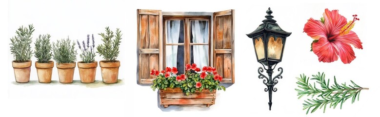 Obraz premium Charming wooden window adorned with vibrant flowers and rustic shutters amidst a quaint European streetscape