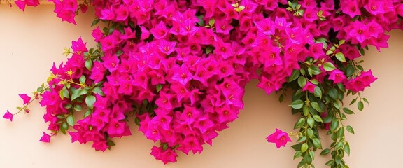 Vibrant bougainvillea cascading down a pale beige wall, beige, foliage, tropical