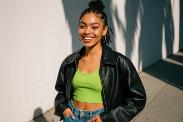 Smiling woman in urban setting.