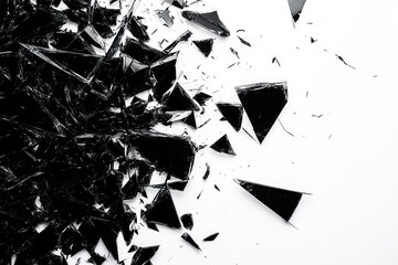 A shattered black glass on a clean white background, with sharp, angular fragments scattered across the scene