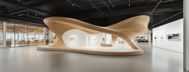 An abstract sculpture of black wood strips creates waves in this modern interior, leading to a captivating circular opening at the center