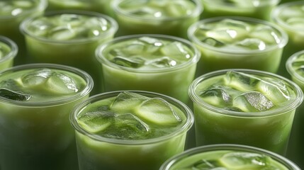 Refreshing Iced Matcha Latte Drinks in Plastic Cups