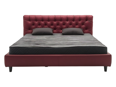 Luxury burgundy leather bed with button tufting, complemented by striped bedding and dark grey pillows.  Elegant design ideal for bedroom interiors, hotel brochures, or furniture catalogs.