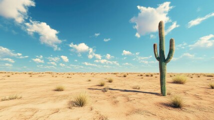 A desert landscape featuring a large green cactus under a blue sky