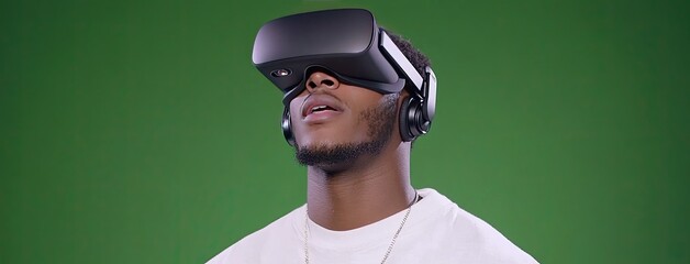 Youth experiences immersive virtual reality gaming, fully engaged with VR glasses and headphones in a bright green setting