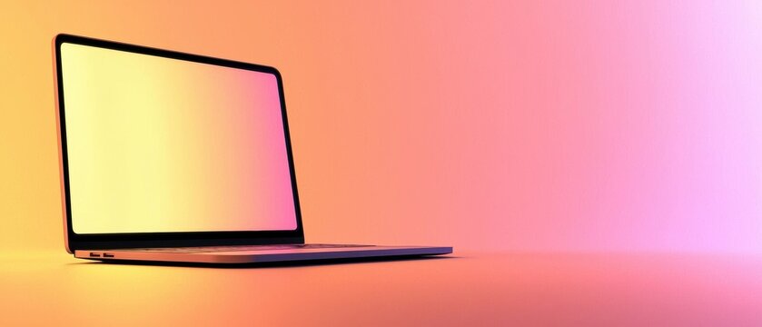 Modern laptop illuminated in pastel hues against warm gradient background