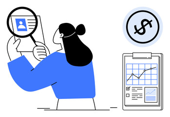 Woman examines applicant profile using magnifying glass, financial symbol and growth chart on clipboard. Ideal for recruitment, analysis, finance, HR, business, data insights, flat simple metaphor