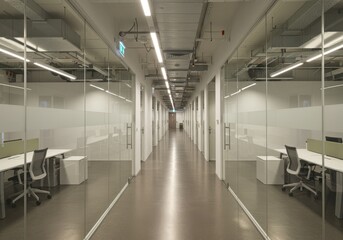Obraz premium Modern Office Corridor with Glass Walls and Natural Lighting