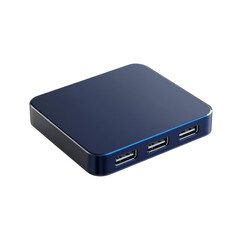 Fototapeta premium Compact dark blue metallic USB hub with multiple ports on transparent background