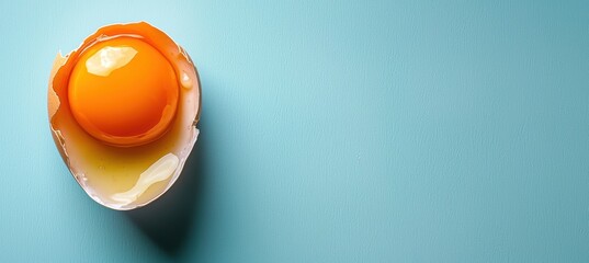 A cracked egg with glossy orange yolk on a light blue background for national egg day