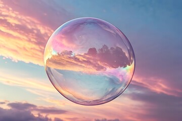 Dreamy sky reflection in a bubble floating in the air aesthetic background wallpaper for desktop design