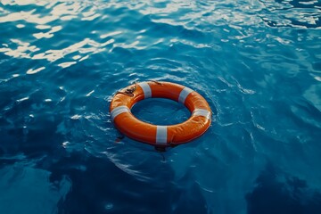 A vibrant orange life preserver floats serenely on deep blue water, a symbol of hope and safety in a tranquil ocean scene.