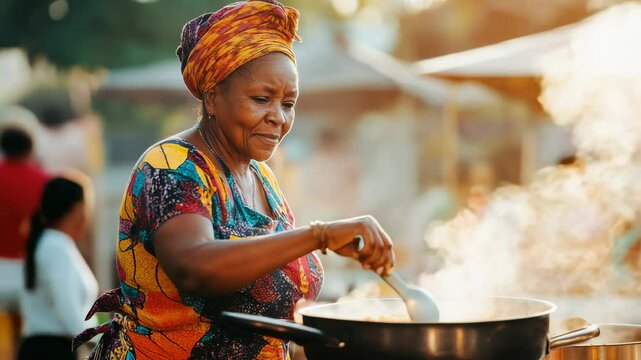 Senior african woman wearing traditional clothes while cooking at street food market outdoor during sunset time - Culture and tradition concept - Models by AI generative