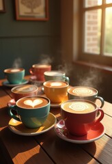 Fototapeta premium colorful mug latte art collection warm beverage cafe aesthetic sip creamy foam design heart rose leaf crafts, coffee, barista, pour, artistry, pattern, cup