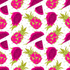 Pink dragon fruit pattern. Pitahaya whole, half, pieces. Tropical fruit pitaya on white background. For textiles, packaging, wallpapers, postcards or covers.
