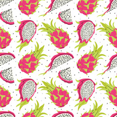 Dragon fruit pattern. Pitahaya whole, half, pieces. Tropical fruit pitaya on white background. For textiles, packaging, wallpapers, postcards or covers.	