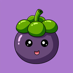 Cute Mangosteen Cartoon with Smiling Face on Purple Background