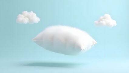 Soft, Fluffy White Pillow Floating in Mid-Air, Surrounded by Dreamy Clouds Against a Serene Pastel Blue Background with Gentle Ambient Lighting