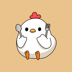 Cute Chicken Holding Spoon and Fork Ready to Eat Illustration