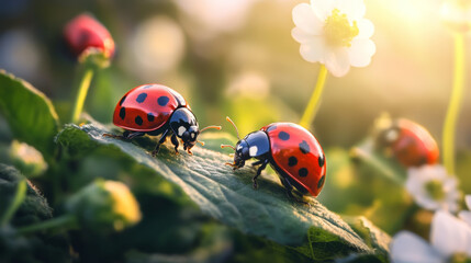 Two vibrant ladybugs are shown close up, exploring a green leaf in natural sunlight.