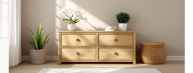 Stylish interior showcases minimalist boho wall art with a large sun, earthy colors, and a wicker sideboard enhancing the serene atmosphere