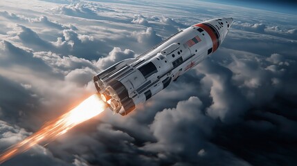 Spacecraft launching into the vibrant atmosphere, with powerful flames bursting as it ascends through billowing clouds Generative AI