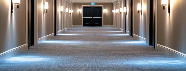 A serene hotel corridor features LED lighting and dark walls, showcasing a calm ambiance during the quiet night hours
