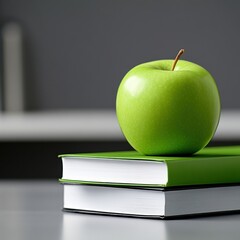 A vibrant green rests atop two neatly stacked green books on a gray surface suggesting education knowledge and healthy learning.