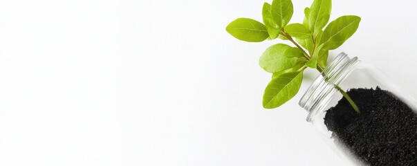 A vibrant green plant sprout emerges from dark soil within a clear glass jar on a bright white background showcasing new life and growth.