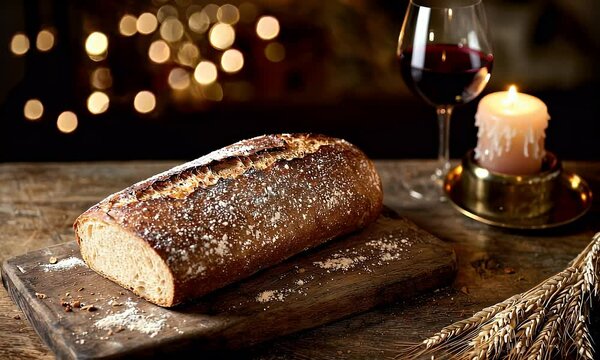 Sliced bread sits on a rustic wooden board next to wine and candlelight. A warm, cozy atmosphere pervades
