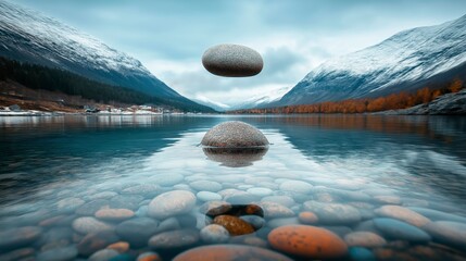 Floating stones create a mesmerizing reflection at a tranquil mountain lake in the early morning light Generative AI