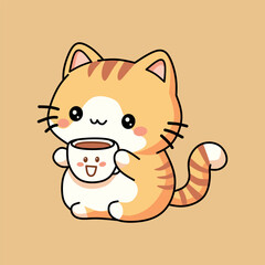 Cute Striped Cat Holding a Cup with Smiling Face Illustration
