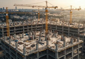 Construction technology banner background Construction site with cranes fittings and concrete