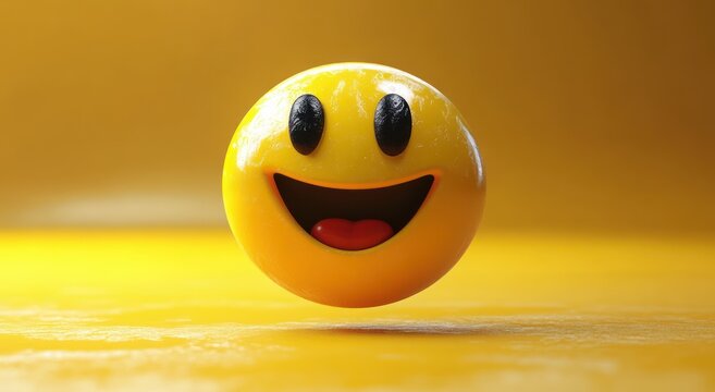 3D yellow smiley face emoji with cheerful expression on vibrant yellow background, emoticon showing happiness and joy