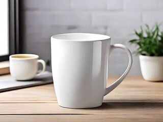 Obraz premium A sleek white mug, perfect for a quiet morning coffee, sits on a warm wooden table, bathed in soft natural light.