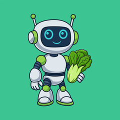Obraz premium Robot Holding Bok Choy Illustration on Green Background for Healthy Eating