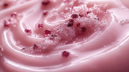 Close-up of Luxurious Pink Body Scrub with Sugar Crystals and Ruby Particles
