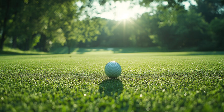 Bright daylight on a golf course with a player about to hit a ball on freshly mown grass. Header banner mockup with copy space.