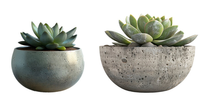 Dos plantas suculentas en macetas de cemento moderno.