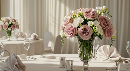 Elegant Wedding Table Centerpiece with Pale Pink Roses and White Freesias