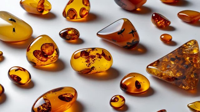 Much amber set against a white background. A collection of amber fragments containing insects. Minerals originating from a resin tree on a white backdrop. Amber featuring inclusions of various shapes
