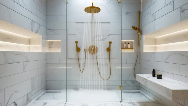 A luxurious shower featuring a gold faucet and showerhead, with marble tile walls, and a marble tile shelf and floor.