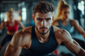 Fototapeta premium Group of young athletes focused during gym workout session