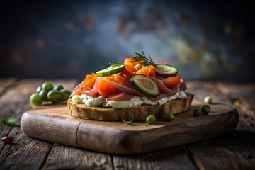 Gourmet Smoked Trout Sandwich Night Photography - Delicious Cream Cheese, Cucumber & Caper Recipe